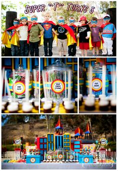 a collage of photos showing children in costumes at a birthday party with candy and decorations