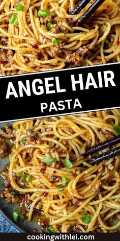 angel hair pasta in a skillet with chopsticks