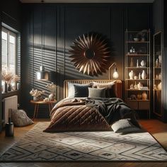 a bedroom with black walls and wooden flooring has a large sun shaped mirror above the bed