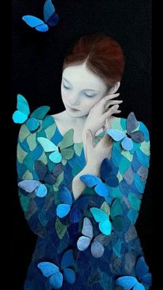 a painting of a woman with blue butterflies around her neck and hands on her face