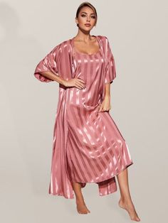 Hey guys, if you're looking for an ideal Valentine's Day gift, this women's camisole strap pajama long nightgown and robe might be the answer. It also makes a great gift idea for your special lady for occasions such as Christmas or her birthday. The elegant design and luxurious feel will make your woman look and feel like a princess.Additional Product Specifications: Sizing: True to size Material Composition: 97% Polyester, 3% Elastane/Spandex Camisole Gown Sleeve Type: Sleeveless Collar: V-neck Bride Robes, Silk Robe Long, Suspenders For Women, Dressing Gowns, Sleeveless Outfit, Weave Style, Solid & Striped, Flounce Sleeve, Striped Fabrics