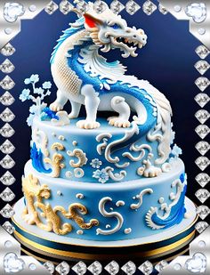 a blue and white cake with a dragon on top