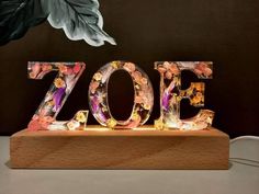 a wooden block that has the word zoo spelled out with flowers and leaves on it