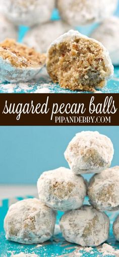 sugared pecan balls are stacked on top of each other and ready to be eaten