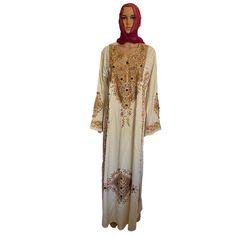 Nwot 21” Pit To Pit 44” Around Waist Never Worn Beige And Gold Size Xl Embroidered Hand Beaded From Kuwait Note: Scarf - Veil - Hijab Sold Separately. Eid Thobe With Resham Embroidery In Maxi Length, Eid Long Thobe With Dabka Work, Embellished Maxi Abaya For Eid, Eid Embellished Maxi Abaya, Embellished Maxi Length Abaya For Eid, Hand Embellished Long Sleeve Kaftan For Eid, Eid Dabka Embroidered Maxi Length Thobe, Long Abaya With Dabka Work, Bohemian Hand Embellished Floor-length Kaftan