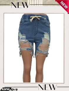 Summer Blue Washed Drawstrings Damaged Denim Shorts Summer Denim, Knee Length Shorts, Bleach Wash, Summer Blue, Shorts Jeans, Bottoms Shorts, Jeans Women, Jeans Style, Jean Shorts