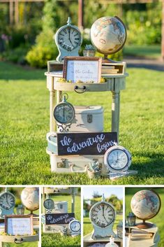 an assortment of clocks on display in the grass