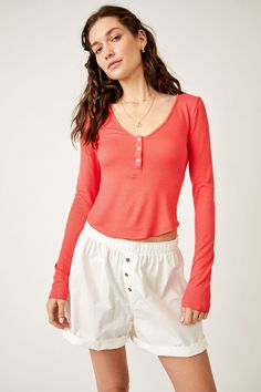 FREE PEOPLE Keep it Basic Layering Top Wild Bohemian Everyday Ribbed Henley Tops, Everyday Ribbed Henley Neckline Tops, Casual Henley With Buttons For Loungewear, Fall Ribbed Henley For Loungewear, Casual Ribbed Top With Henley Neckline, Spring Ribbed Tops With Henley Neckline, Spring Ribbed Henley Neckline Tops, Trendy Loungewear Tops With Buttons, Casual Button Tops For Loungewear