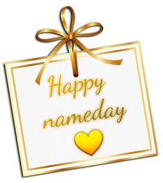 a happy name day card with a heart on it and a ribbon around the corner