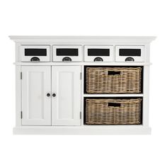 a white cabinet with two wicker baskets on the bottom and one basket underneath it