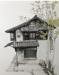 a drawing of a house with a tree in the front and stairs leading up to it