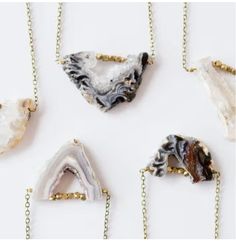 The agate slice necklace is a show stopper. Each piece is 100% one of a kind. They come in natural variations of whites/greys, with a few reddish browns and range in size from 1.25" to 3". Please note, we cannot secure the agate colors we receive so the color selections offered are a guideline. Made w/a 16" antique brass chain. Agate Slice Jewelry, Agate Slice Necklace, Mystical Jewelry, Rock Jewelry, Agate Slice, Agate Jewelry, Black Jewelry, Nature Jewelry, Jewelry Inspo