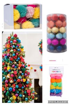 colorful christmas tree with pom - poms and other holiday decorating items in it