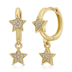 "Diamond Star Huggie Hoops, Dangling Star Hoop Earrings, 14k Gold Earrings, Gift For Her, Celestial Star Earrings Material; SOLD AS SINGLE OR PAIR ! 14k solid gold hoops and dangles earrings Hoops measure, inner diameter 9mm, outer diameter 12mm Star measure is 6mmx6mm Round Diamond: 24 pieces for pair Total carat weight 0.18 ctw for pair Diamonds are F color, SI clarity scale. Diamond is a stone that truly states, \"I love you\" in a deep way, it is symbol of deep, everlasting love. A diamond i Diamond Star Earrings, Star Hoop Earrings, Dazzling Earrings, Earrings Hoops, Diamond Dangle Earrings, Celestial Jewelry, Stacked Jewelry, Diamond Star, Diamond Hoop Earrings