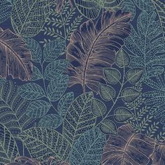 a blue and green wallpaper with leaves