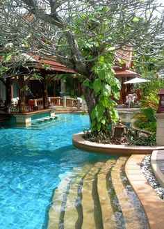 an outdoor swimming pool surrounded by trees and chairs