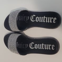 New Juicy Couture Size 9 Never Worn. Trendy Bling Open Toe Sandals, Trendy Open Toe Sandals With Bling, Trendy Silver Open Toe Sandals, Black Bling Sandals For Summer, Summer Black Sandals With Bling, Trendy Silver Slide Sandals, Silver Slip-on Sandals For Party, Silver Slip-on Party Sandals, Black Slide Sandals For Party