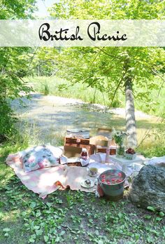 a picnic with food and drinks on the ground next to a river in the woods