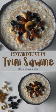 two bowls filled with oatmeal, raisins and nuts in them