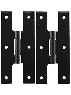 three black iron door hinges with holes on each side and one in the middle