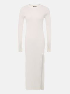 White Ribbed Long Sleeve Midi Dress, White Ribbed Bodycon Dress For Fall, White Long Sleeve Ribbed Midi Dress, Fitted Long Sleeve Bodycon Dress With Side Slits, White Long Sleeve Ribbed Bodycon Dress, Elegant Crew Neck Midi Dress, Elegant Stretch Sweater Dress With Ribbed Neckline, Ribbed Maxi Length Bodycon Dress, Long Ribbed Bodycon Sweater Dress