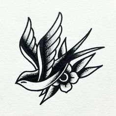 an ink drawing of a bird with wings and flowers