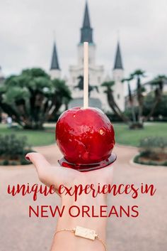 an apple being held in front of a castle with the words unique experiences in new orleans