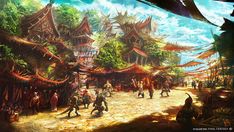 an artist's rendering of a chinese village