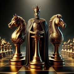 an image of a chess game with gold and black pieces on the board, including knight