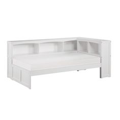 a white bed with two shelves on the top and bottom shelf above it, against a white background