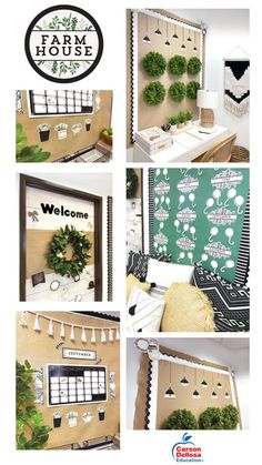 several pictures of the inside of a house with plants and welcome signs on each wall