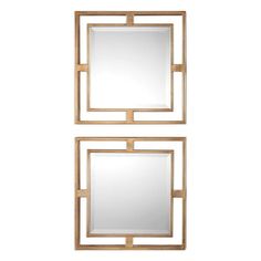 two square mirrors with wooden frames on each side, one is gold and the other is white