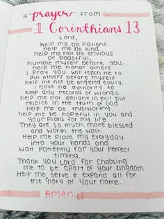 a handwritten prayer in pink and black ink on a white lined paper with the words, prayer from 1 corinthis 13