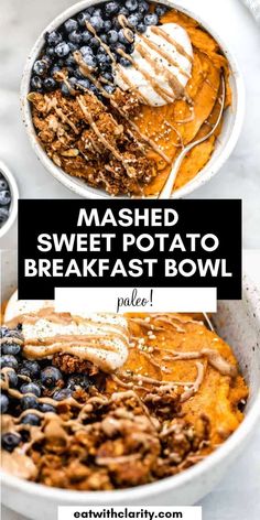 mashed sweet potato breakfast bowl with blueberries and bananas in the background text overlay reads mashed sweet potato breakfast bowl