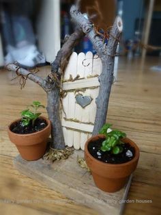 two potted plants sit in front of a small house made out of wood sticks