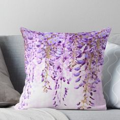 purple wistery flowers on a white background throw pillow