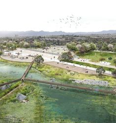 an artist's rendering of a river with people walking on it and birds flying overhead