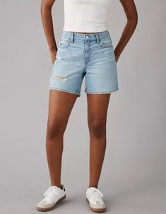 AE Strigid Super High-Waisted Ripped Relaxed 6" Short Casual Denim Jean Shorts For Fall, Medium Wash Jeans For Elevated Casual Summer, Summer Medium Wash Jeans For Elevated Casual, Summer Medium Wash Jeans For Casual Wear, Fall Relaxed Fit Dark Wash Jean Shorts, Fall Dark Wash Relaxed Fit Jean Shorts, Fall Dark Wash Relaxed Jean Shorts, High Waist Jeans For Elevated Casual Summer, High Waist Jeans For Elevated Summer Casual