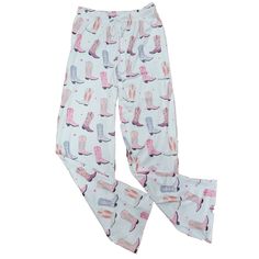 These pajama pants are silky soft on the outside with a cozy lining. They feature a fun cowboy boot print! Choose to complete your pajama set with one of our pictured t-shirts! * Available in sizes S-XXL. If you would like a different size in the pants and top, please write this in your order notes. Otherwise, we will ship the same size selected for both pants and t-shirt.  * Both pants and top fit true to size * Pants have a stretch waistband with an adjustable tie  * Made of cotton/polyester b Cozy Sleepwear With Elastic Waistband For Sleepovers, White Sleepwear With Elastic Waistband, Cozy Relaxed Fit Pants For Sleepover, Cozy Casual Relaxed Fit Pants, White Sleepwear With Elastic Waistband For Sleepover, Cozy White Sleep Pants, Comfortable White Pants For Pajama Party, Relaxed Fit White Bottoms For Sleepover, White Relaxed Fit Bottoms For Sleepover