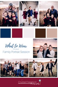 the family portrait session is featured in this photo collage with different colors and styles