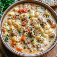 a bowl filled with pasta and meat soup next to bread on a wooden cutting board