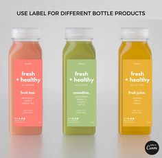 three bottles of juice with labels on them that say, use label for different bottle products