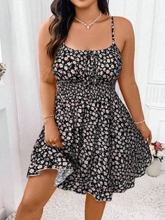 Black Boho Collar Sleeveless Fabric Plants,Ditsy Floral,All Over Print Cami Embellished Non-Stretch  Women Plus Clothing Sundresses Women, Summer Black, Classy Casual, Classy Casual Outfits, Midi Dress Sleeveless, Kids Beachwear, Sundress, Bohemian Style, Plus Clothing