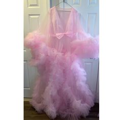 Maternity Robe Gown/ Wedding Robe/ Tulle Material Floor-length Tulle Wedding Gown, Ethereal Tulle Evening Dress For Wedding, Ethereal Ball Gown For Wedding, Pink Organza Wedding Dress, Ethereal Organza Wedding Gown, Ethereal Tulle Wedding Gown, Elegant Organza Dress For Bridal Shower, Pink Tulle Gown With Long Train, Pink Organza Wedding Gown