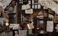 a collage of books, papers, and other items in a room with many windows