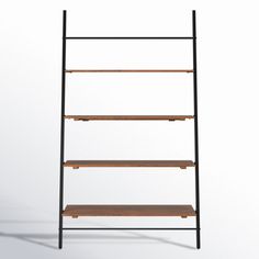 a black metal and wood shelf with three shelves on each side, against a white background