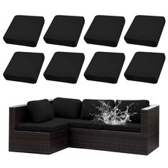 six pieces of furniture with black cushions and water splashing on the back ground, all in different positions