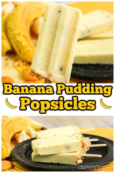 banana pudding popsicles on a plate with bananas in the background