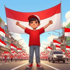 a young boy standing in the middle of a street holding a large red and white flag