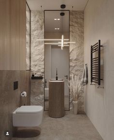 a modern bathroom with stone walls and flooring